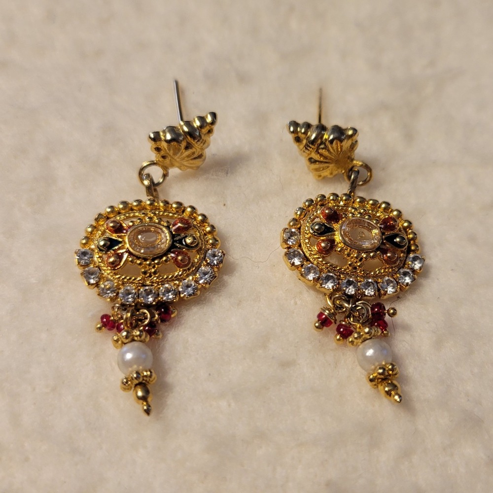 Gold Tone Faux Gemstone Multicolor Bollywood Like Stud Pierced 1.5" Earrings - Picture 2 of 4